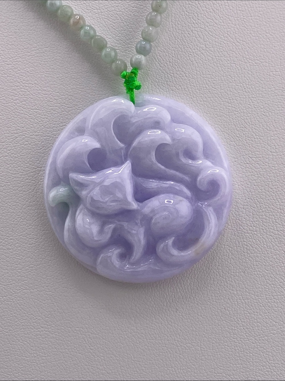 Lavender Jade Necklace - Carved Nine-Tailed Fox Pendant - The Gem Studio - Picture 3 of 5